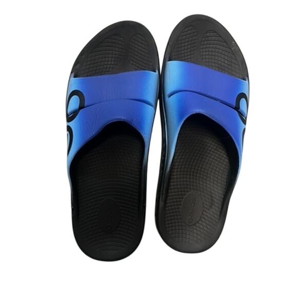 OOFOS OOahh Sport Intl Azul US Men's 14 Womens 16 EU 47 slip on slide Blue black - Picture 2 of 8